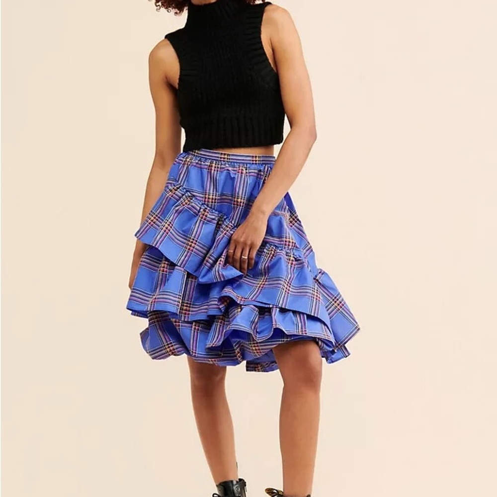 Anthropologie Maeve Womens Tiered Ruffled Mini Skirt Blue Plaid Sz 0 Puff Bubble